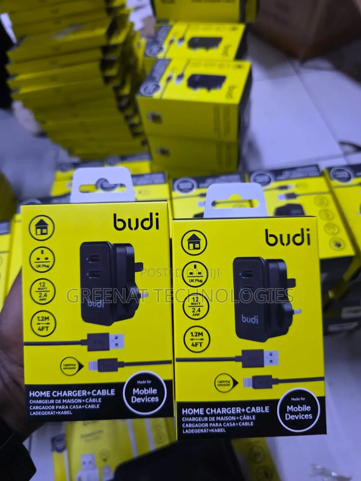 Budi 12W 2 Ports iPhone Charger 1.2M Lightning Cable UK Plug 2.4A