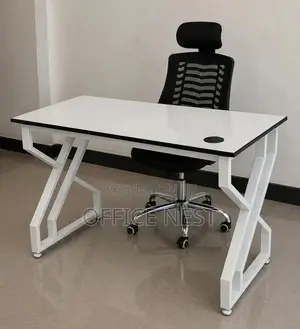 White Executive Computer Desk With Metal Frame & Headrest Chair