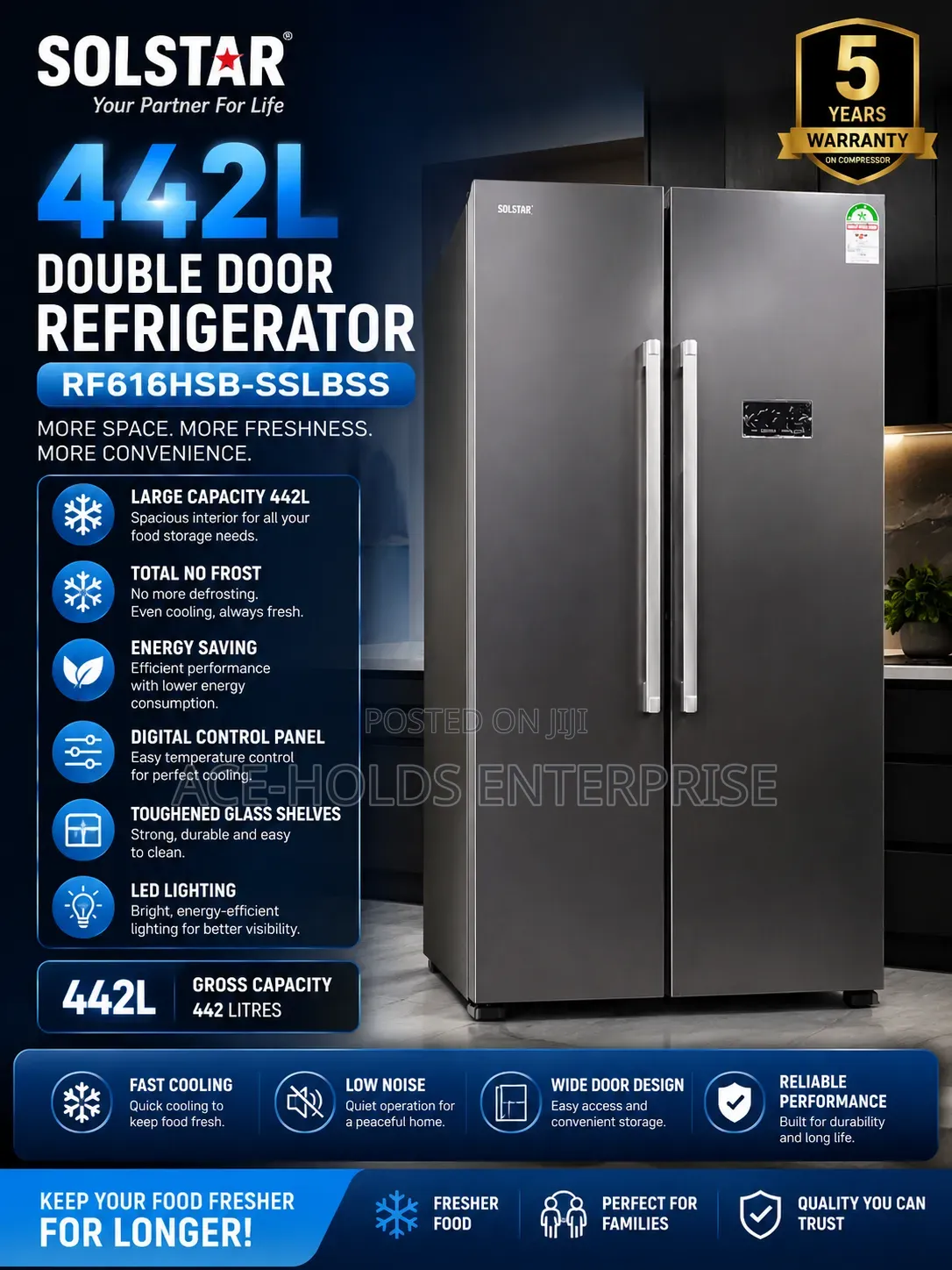 Solstar 442 Litres 2 Door Refrigerator (RF616HSB-SSLBSS)