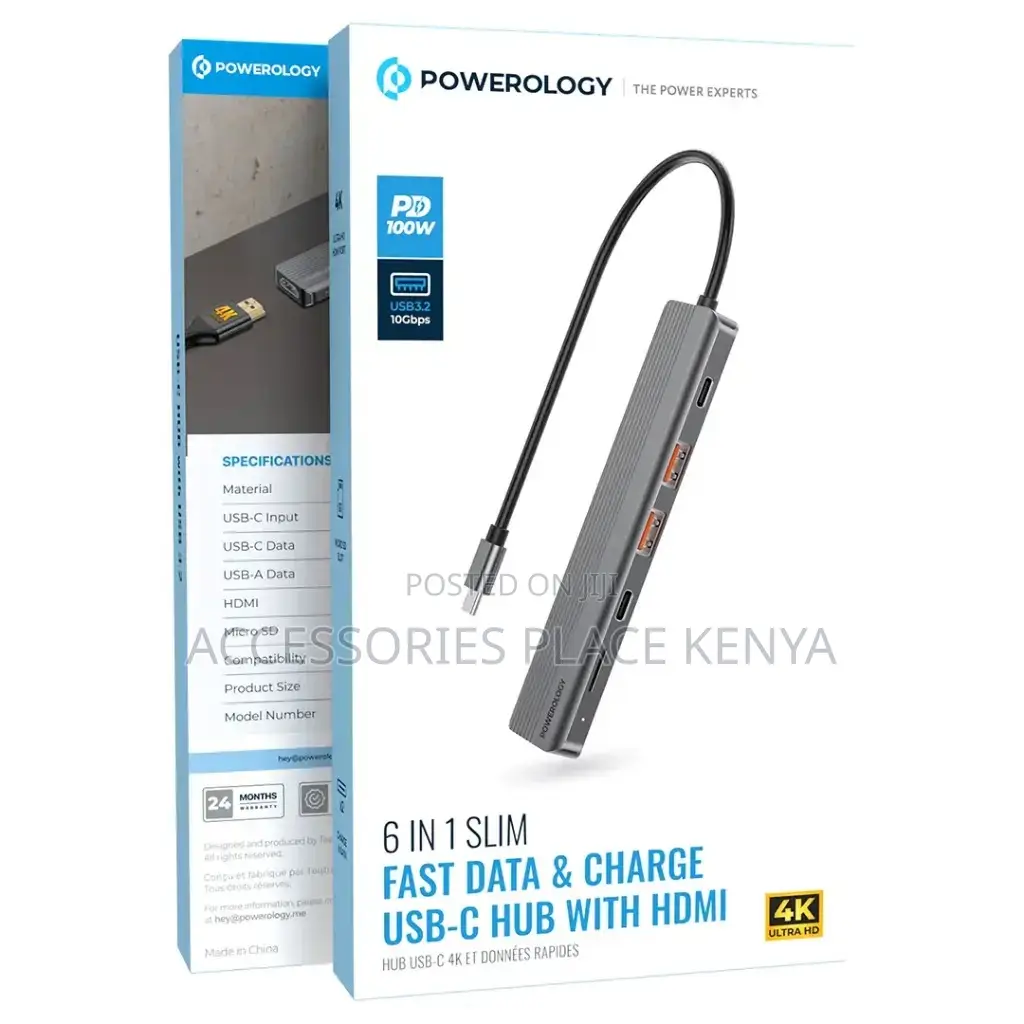 Powerology 6-in-1 Slim 4K HDMI USB-C Hub