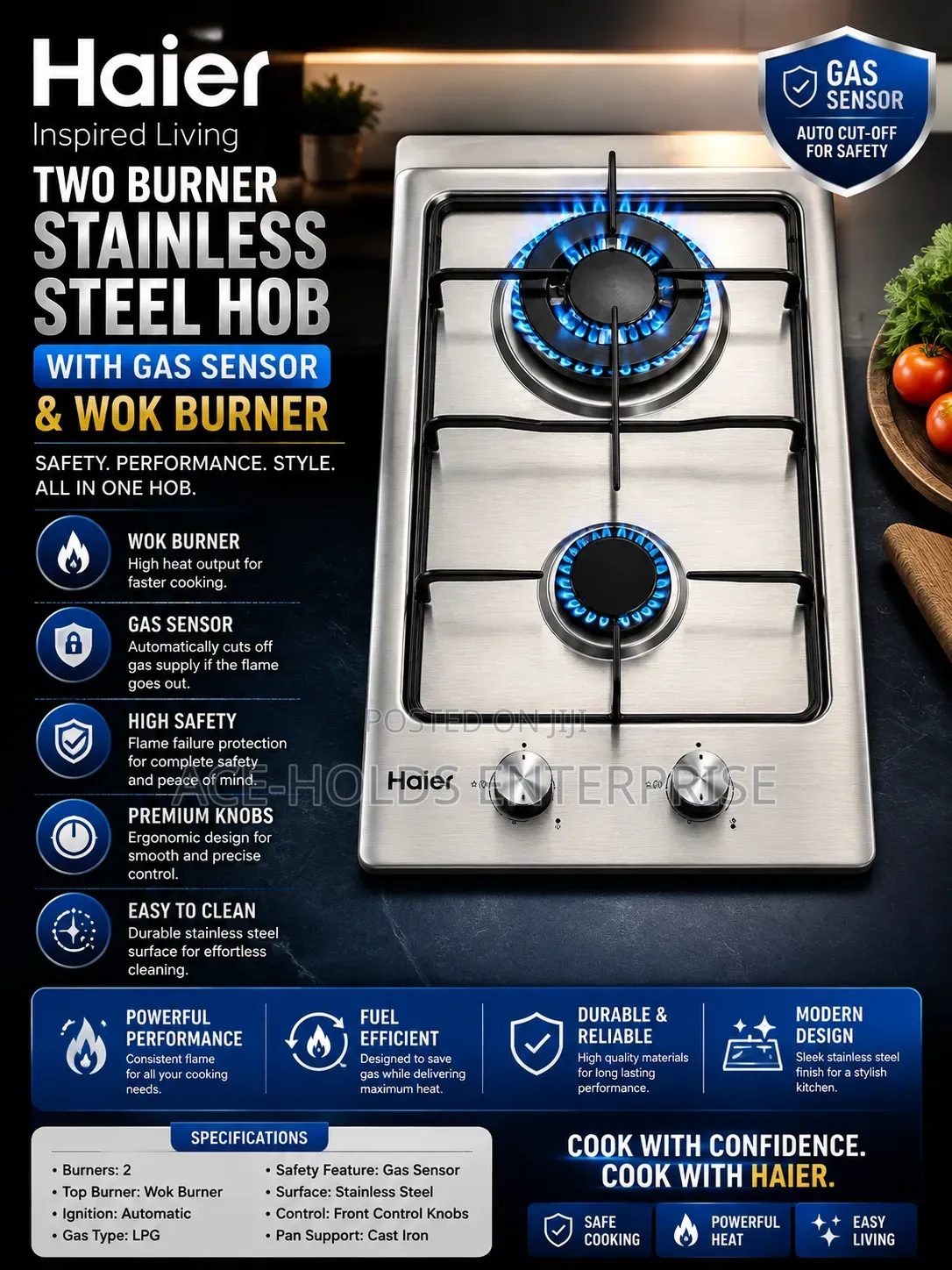 Haier Two Burner Stainless Steel Hob With Gas Sensor and Wok Burner
