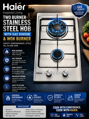 Haier Two Burner Stainless Steel Hob With Gas Sensor and Wok Burner