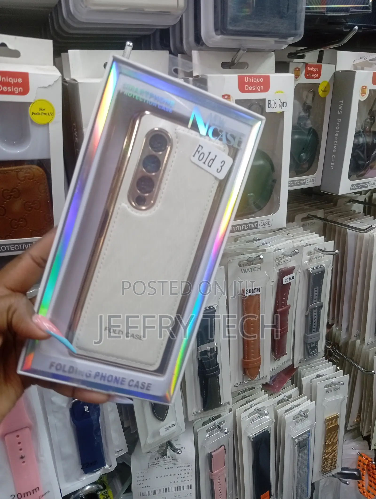 White and Gold PU Leather Phone Case for the Samsung Galaxy Z Fold 3.