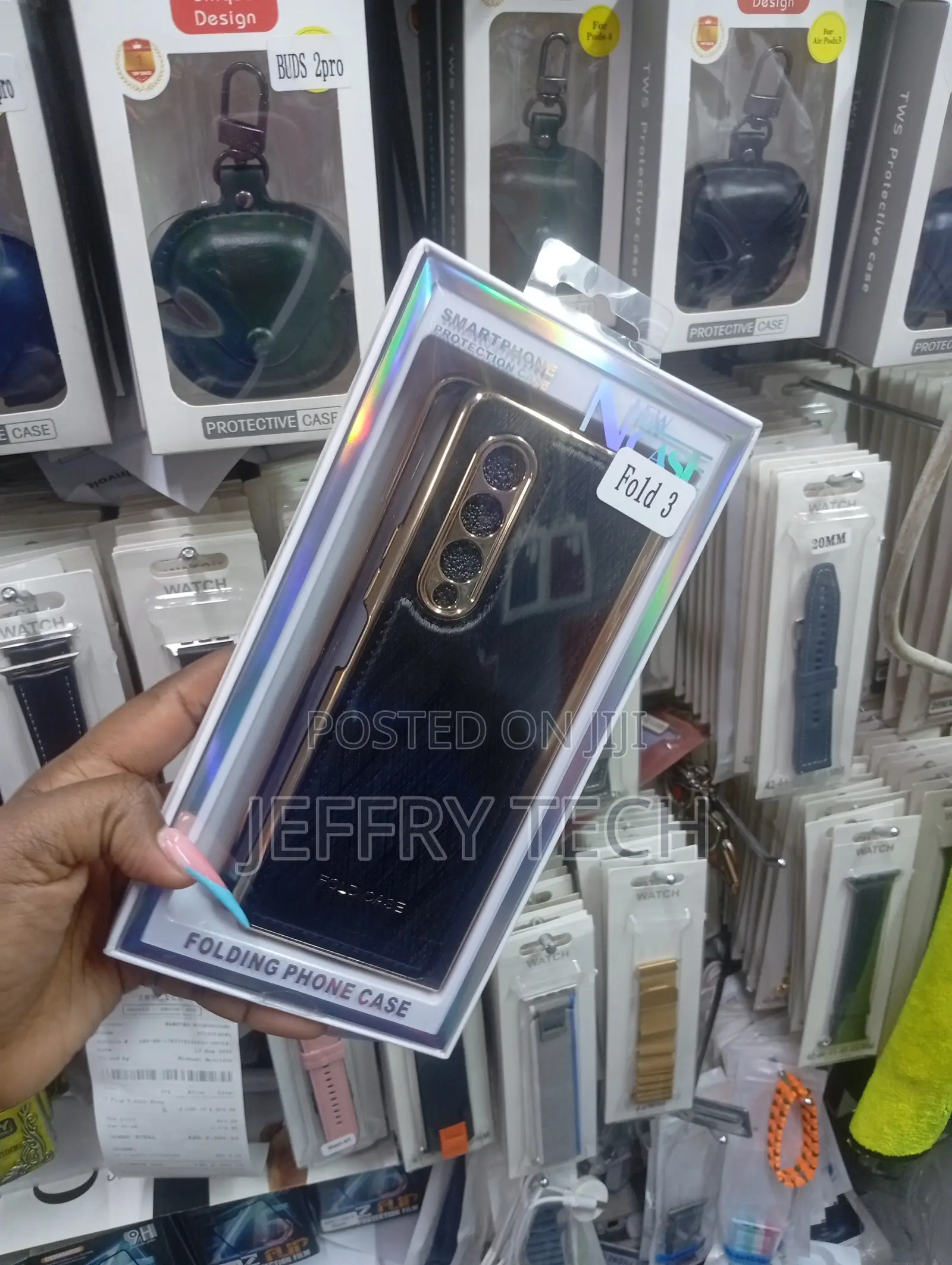 Blue or Black Folding Phone Case Packaged in a Box Labeled "Fold 3