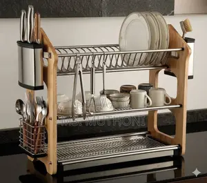 Heavy-Duty 3-Tier Stainless Steel Dish Rack With an Acacia Wooden Stan