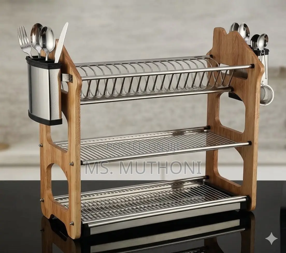 Heavy-Duty 3-Tier Stainless Steel Dish Rack With an Acacia Wooden Stan