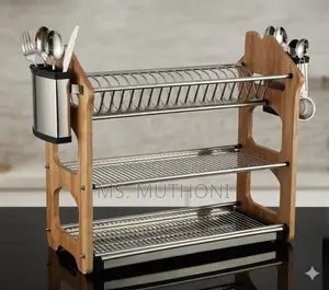Heavy-Duty 3-Tier Stainless Steel Dish Rack With an Acacia Wooden Stan
