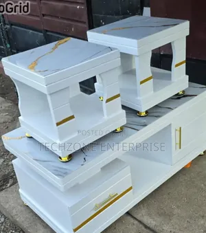 COFFEE TABLE  With Glass/Marble Topping With 2 Stools, White ,,
