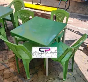 Green Plastic Metal Legs Strong Table and 4 Armless Plastic Chairs Set