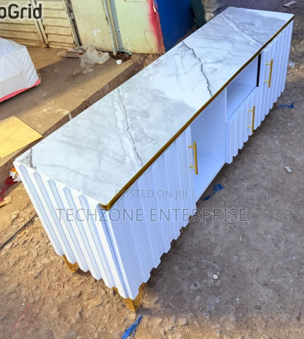 Executive Box TV Stand With Marble Top, White ,,