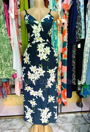 Navy Blue and White Floral Print Spaghetti Strap Maxi Dress