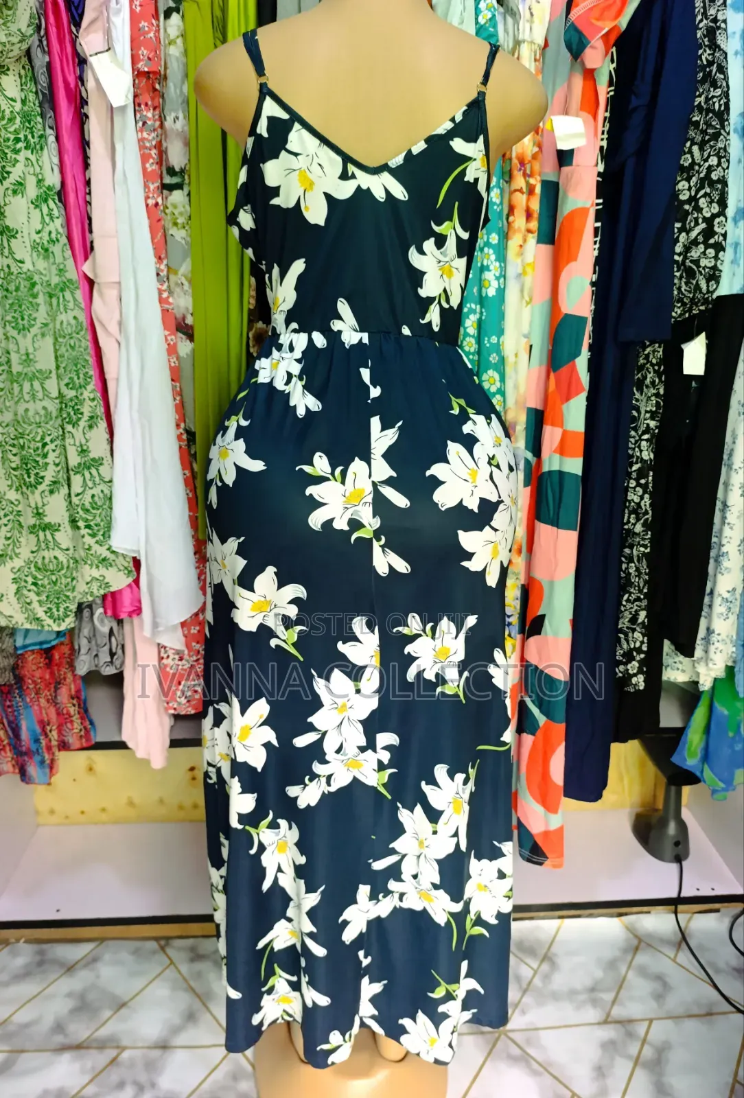Navy Blue and White Floral Print Spaghetti Strap Maxi Dress