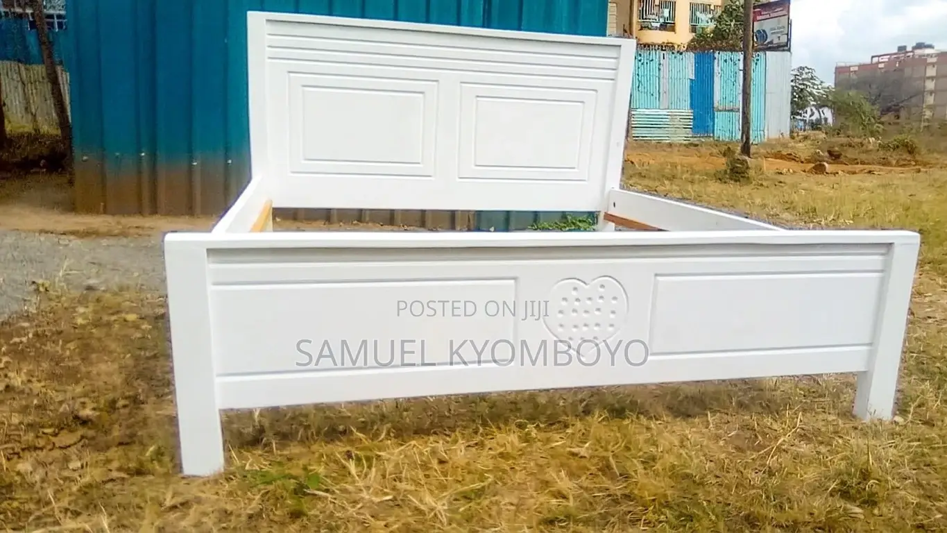 Premium 5x6 White Wooden Bed Frame – Handcrafted Heart Carving