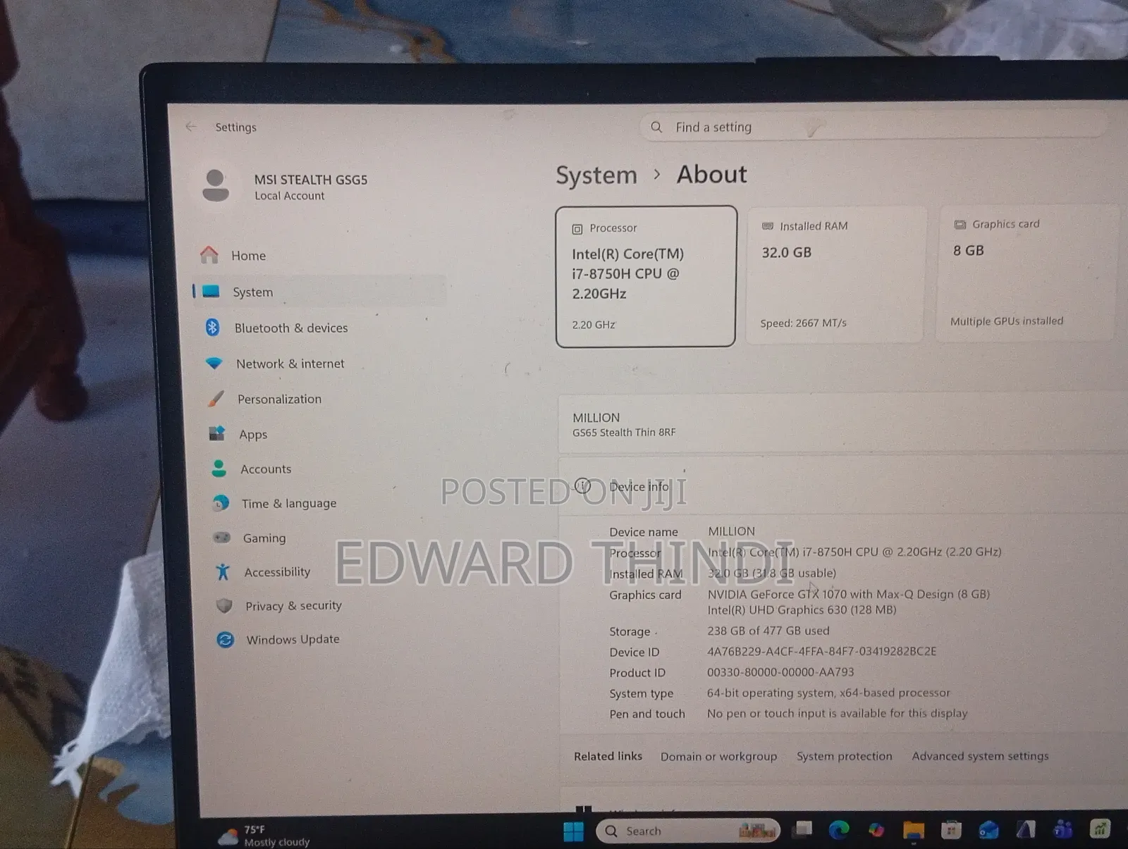 Laptop MSI GS65 Stealth Thin 8RF 32GB Intel Core i7 SSD 512GB