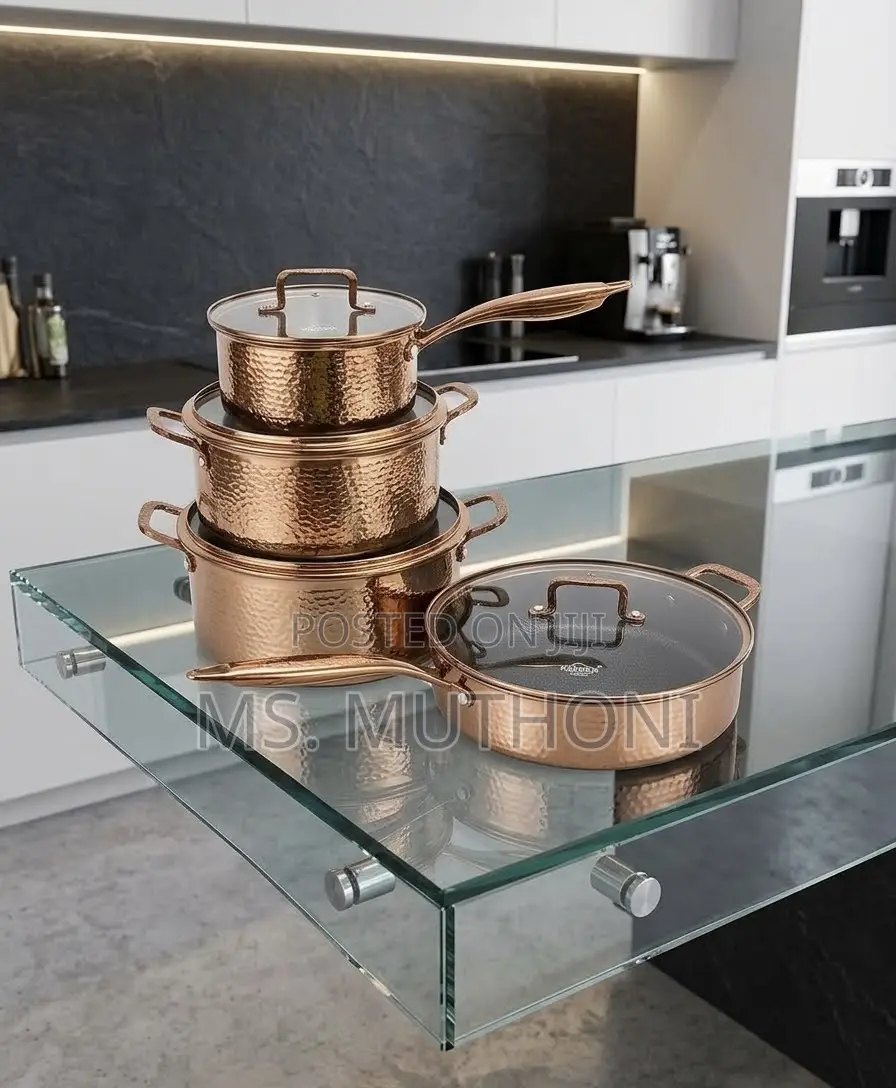 s.steel Pots W/ Ergonomic Polished Handles & Glass Lids Copper Knobs