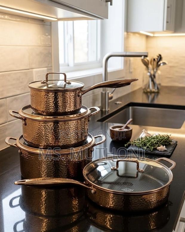 s.steel Pots W/ Ergonomic Polished Handles & Glass Lids Copper Knobs