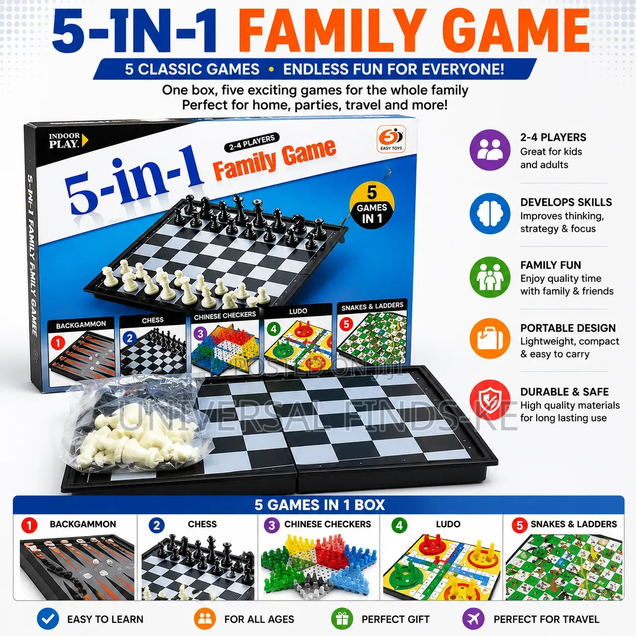5 in 1 Board Game – Family Strategy & Classic Games Set