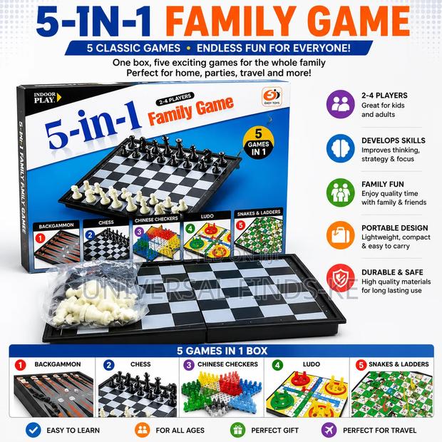 5 in 1 Board Game – Family Strategy & Classic Games Set