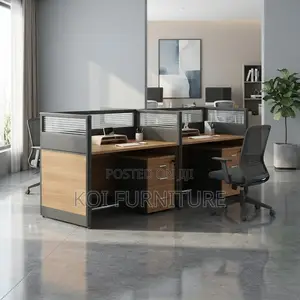Office Woprkstation; Blue-Brown Office Staff Workstation With Cabinet