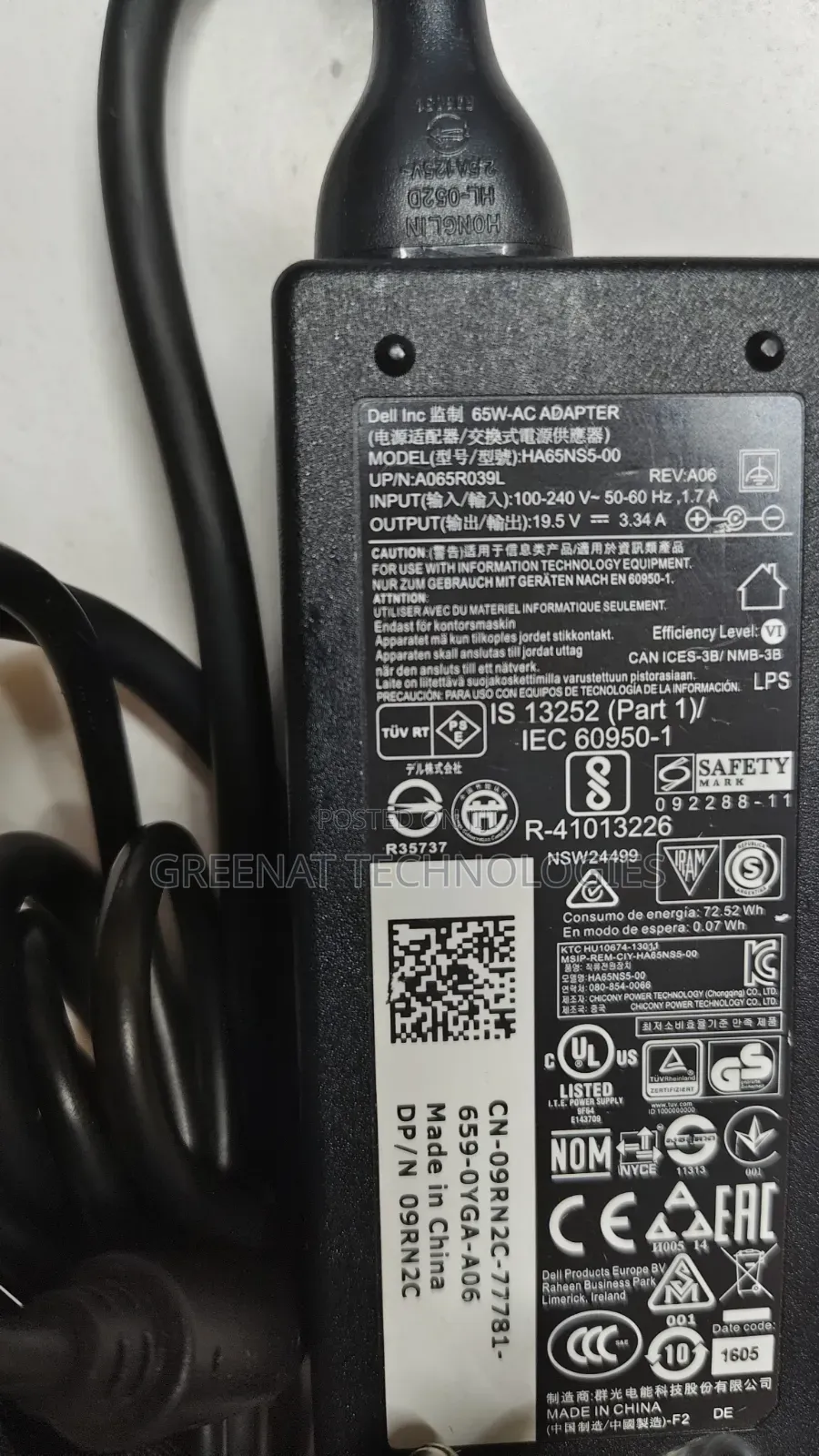EX UK Original Genuine Dell 65W Laptop Charger Adapter 19.5V Big Pin