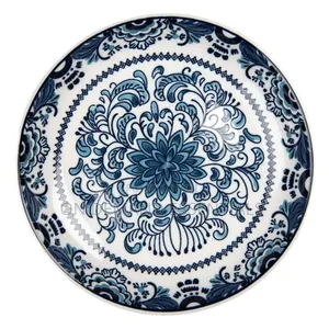 Clayre & Eef Breakfast Plate Ø 21x3 Cm/10 Inch White Blue Ceramic