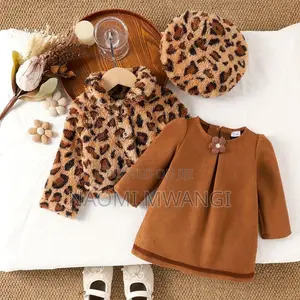 Trendy Baby Girl Long Sleeved Dress With Leopard Print Coat and Hat