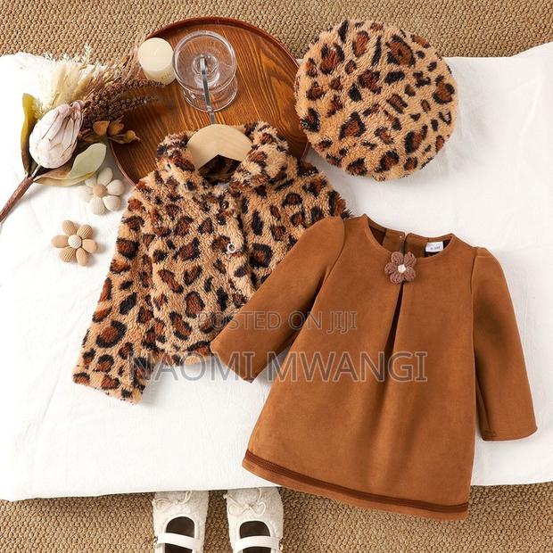 Trendy Baby Girl Long Sleeved Dress With Leopard Print Coat and Hat