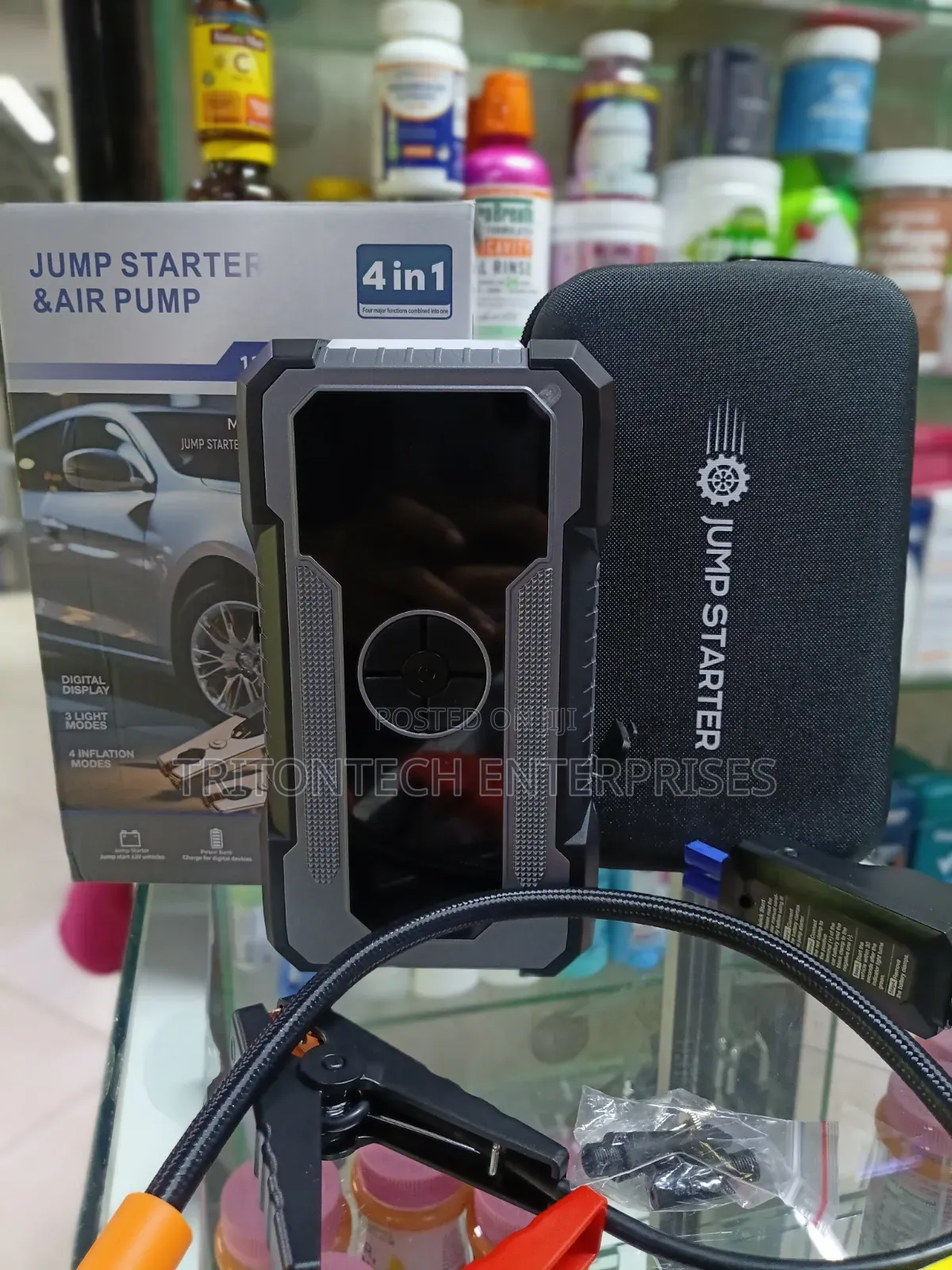 Multifunctional 4-in-1 Portable Car Jump Starter and Air Compressor.