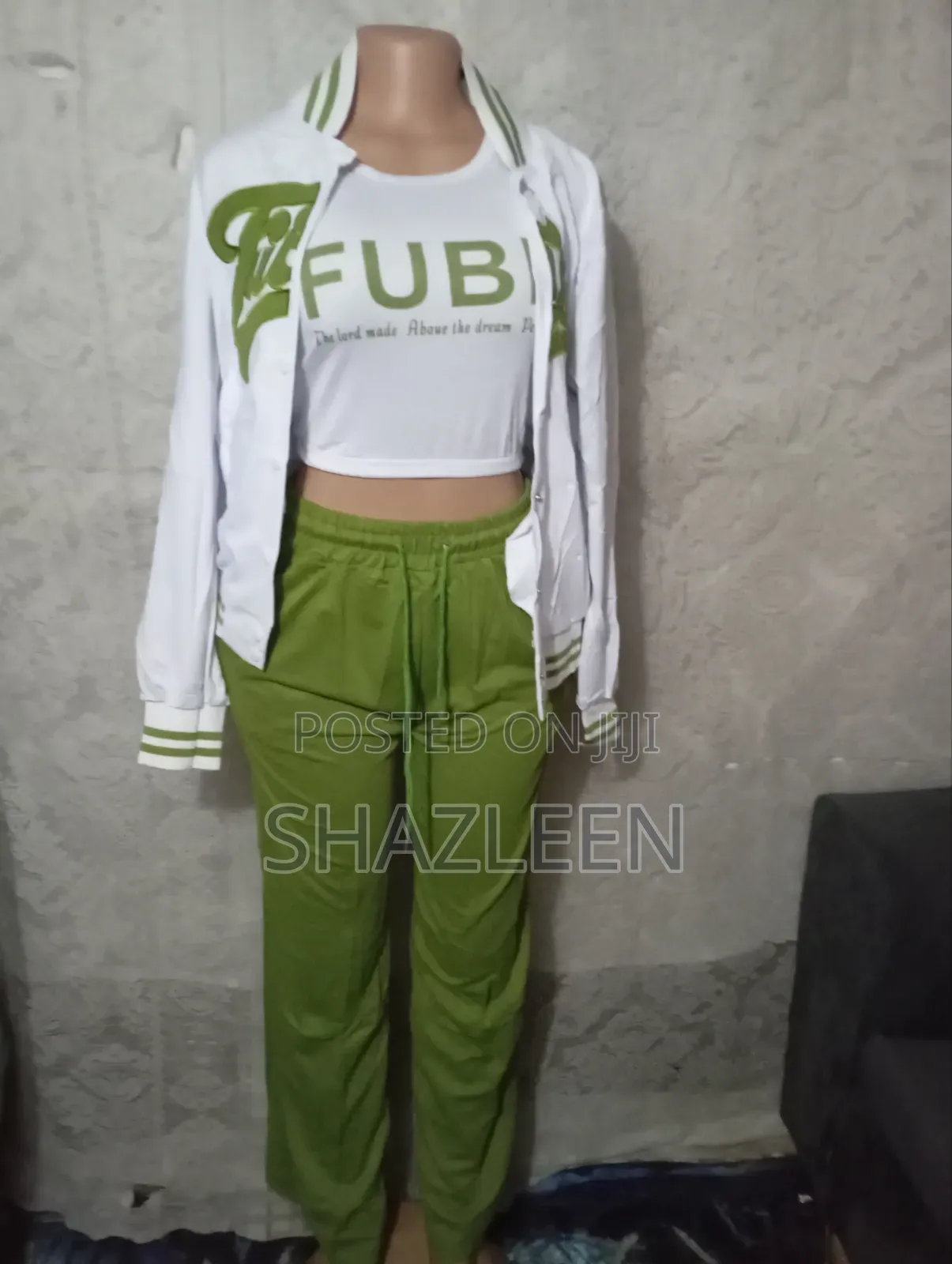 New 3pcs FUBU Tracksuit Bomber Jacket Crop Top Sweatpants