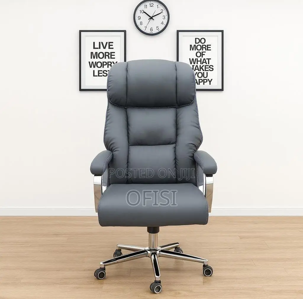 Office Chair; Grey Leather High-Back Executive Chair