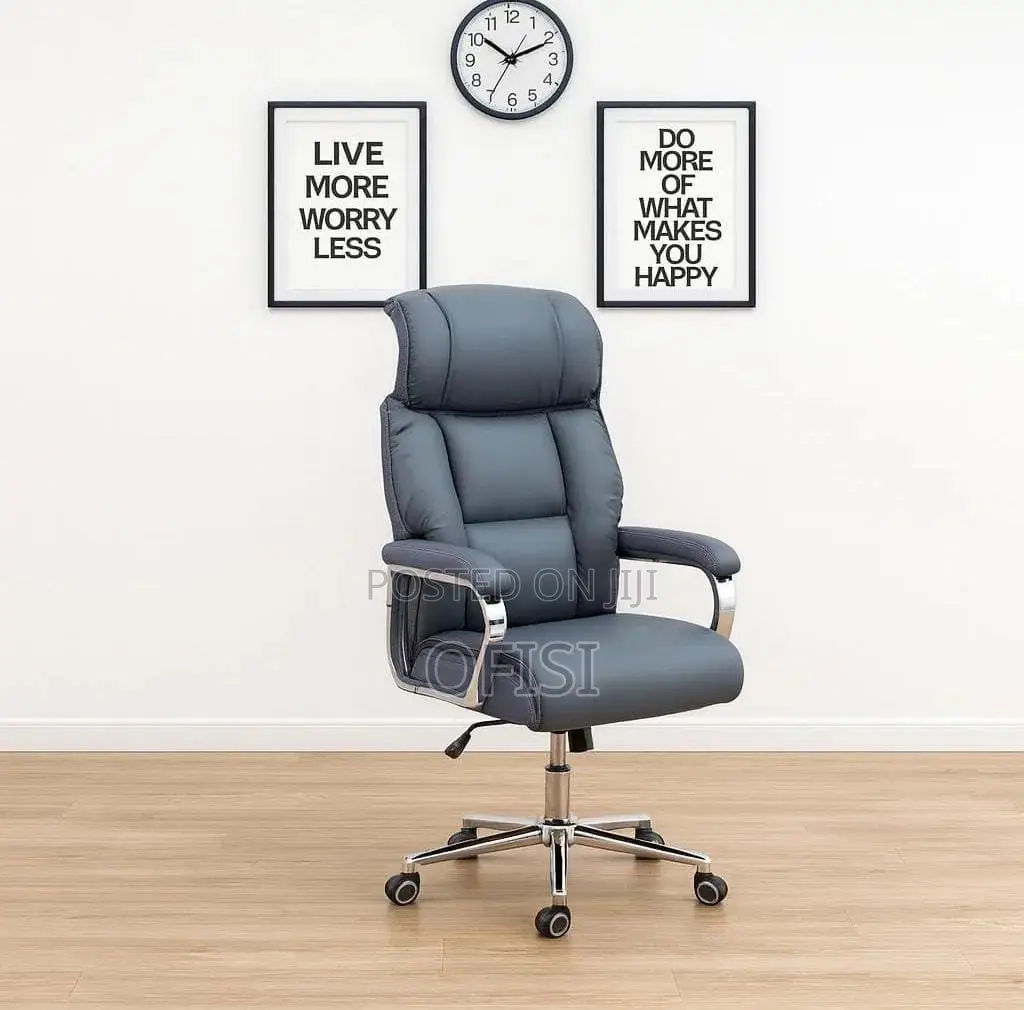 Office Chair; Grey Leather High-Back Executive Chair
