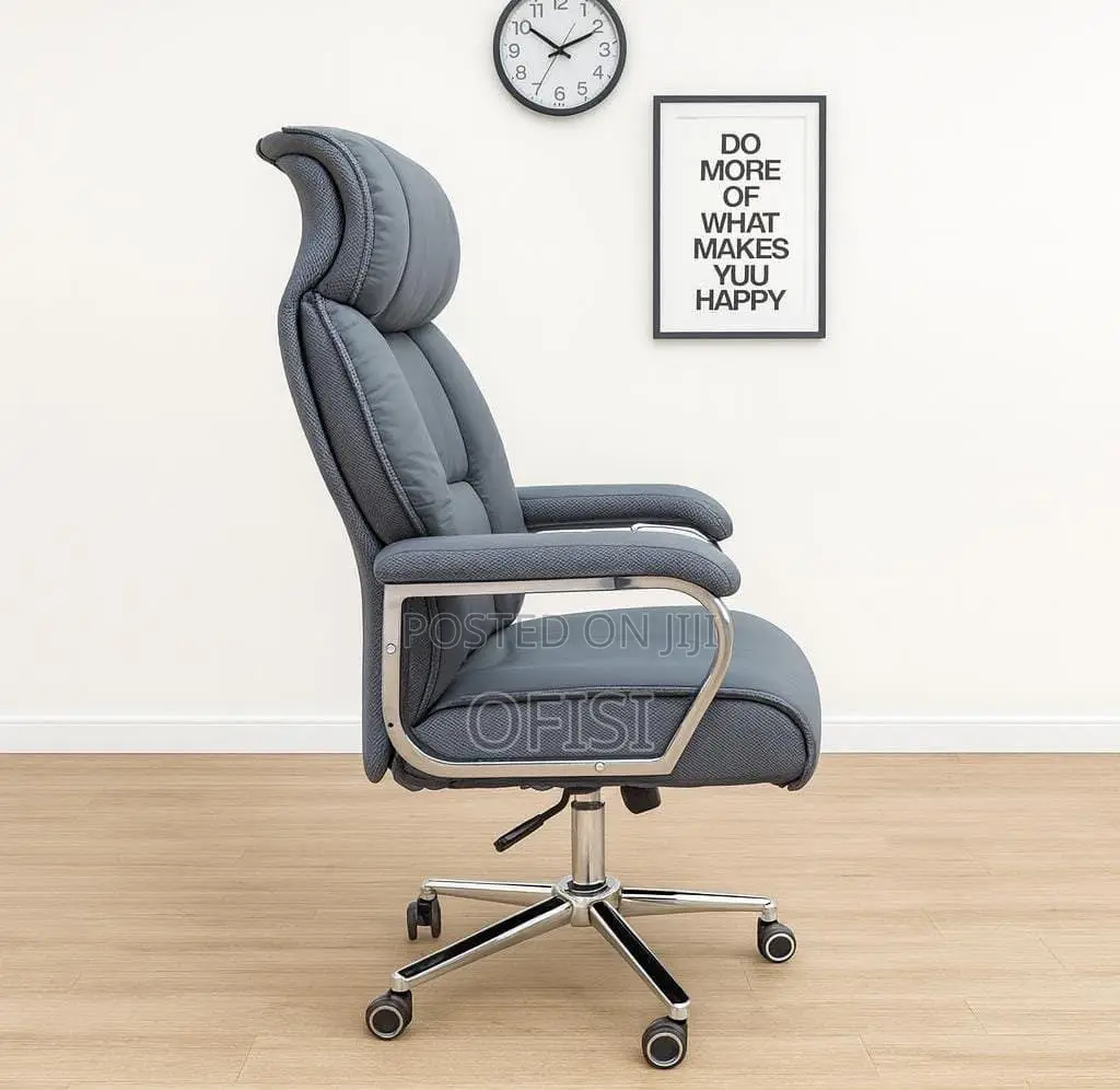 Office Chair; Grey Leather High-Back Executive Chair