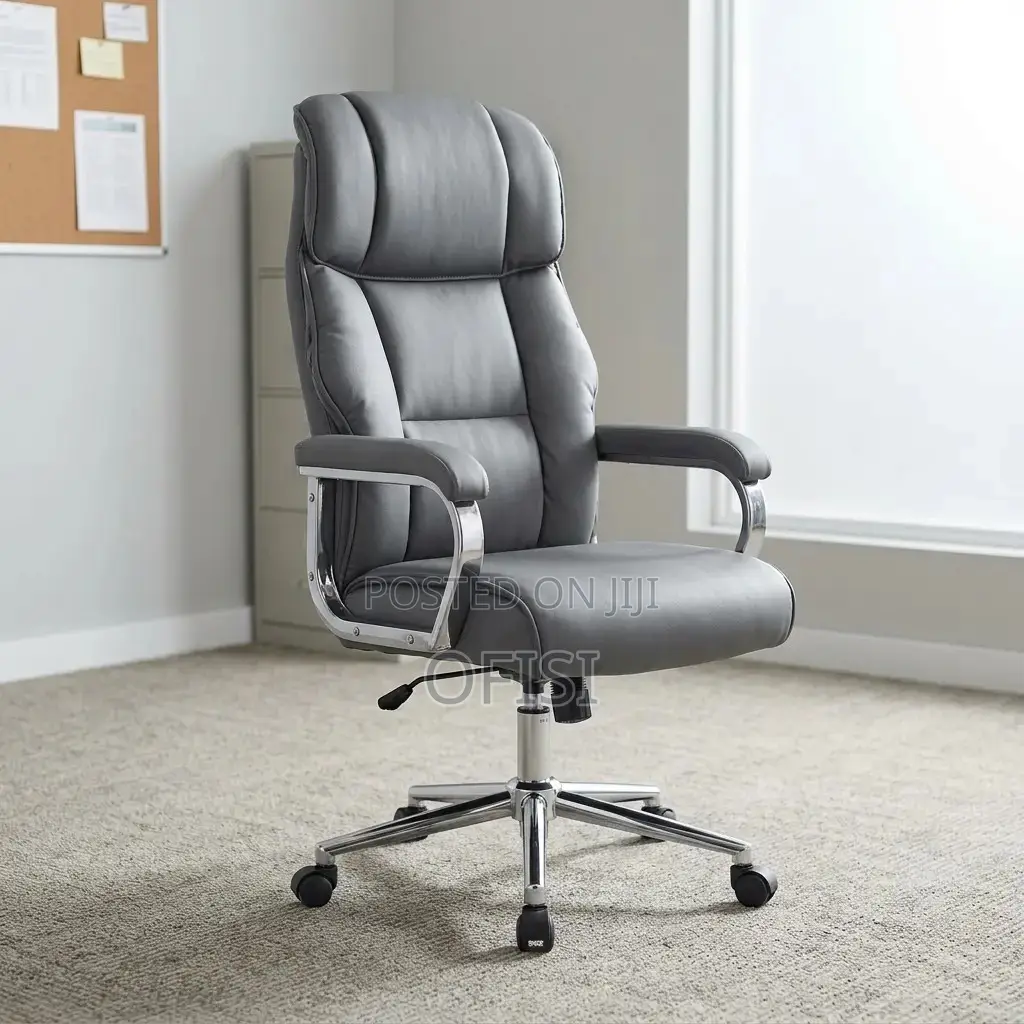 Office Chair; Grey Leather High-Back Executive Chair