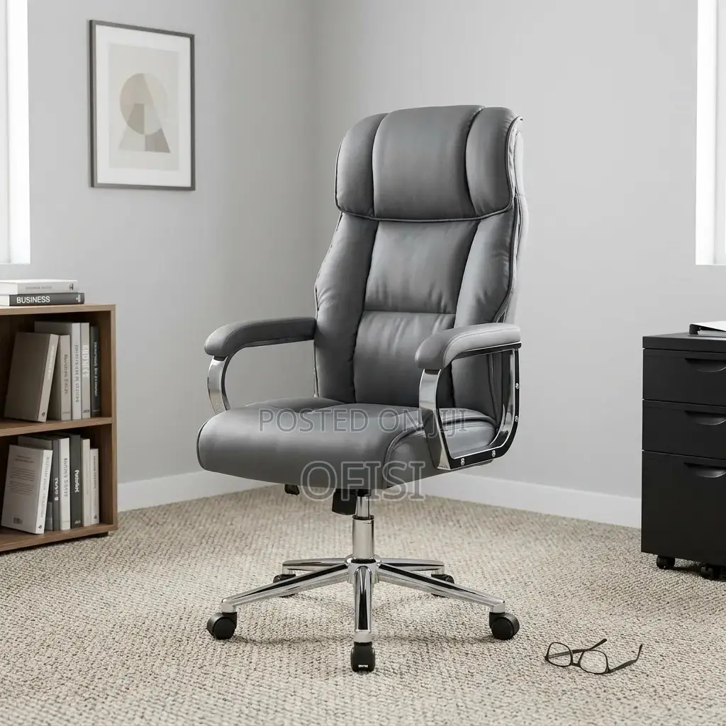 Office Chair; Grey Leather High-Back Executive Chair