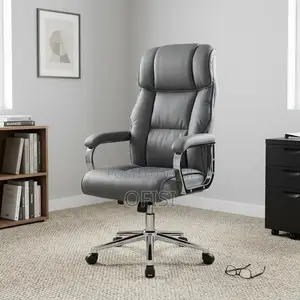 Office Chair; Grey Leather High-Back Executive Chair