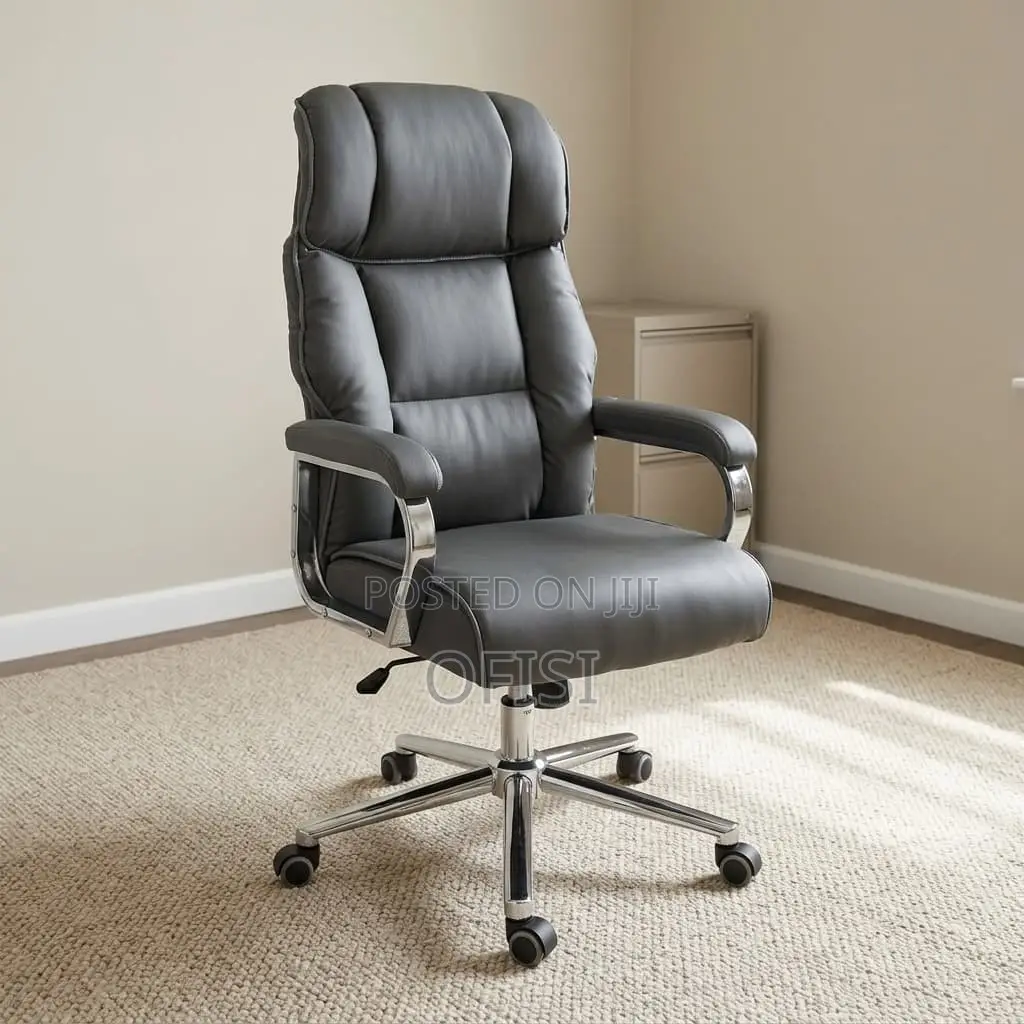 Office Chair; Grey Leather High-Back Executive Chair