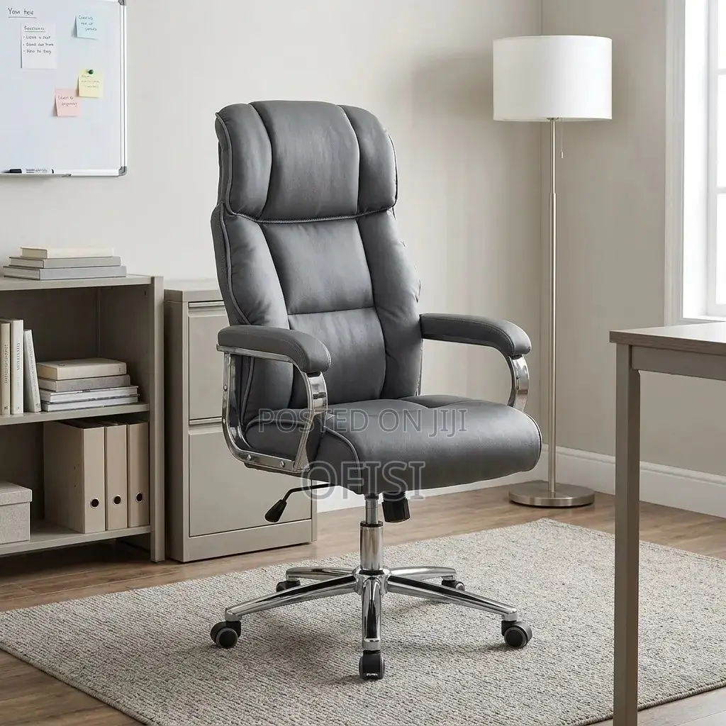 Office Chair; Grey Leather High-Back Executive Chair