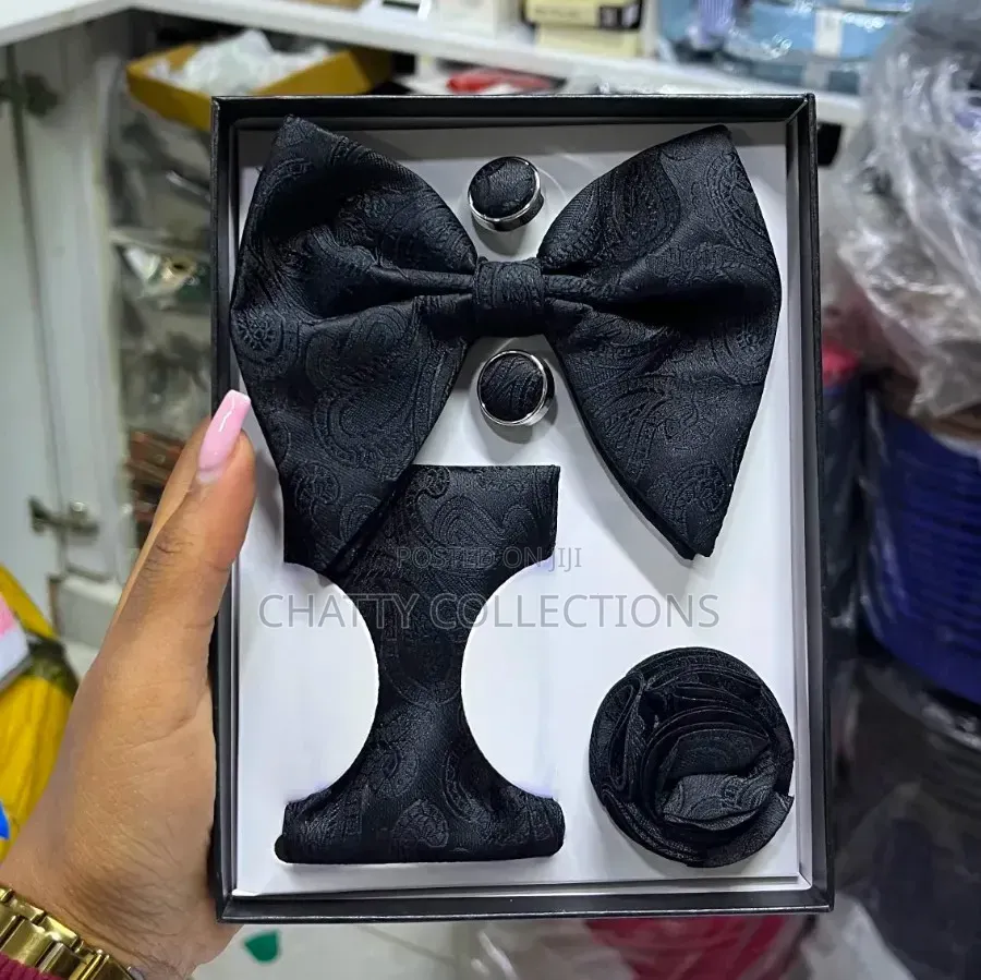 Black  Executive Butterfly Bow Tie Set With Tie, Lapel and Cufflinks
