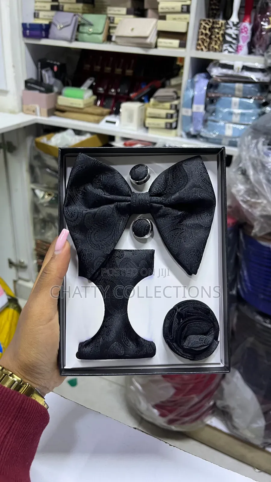 Black  Executive Butterfly Bow Tie Set With Tie, Lapel and Cufflinks