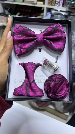 4 in 1 Pink Black Executive Bow Tie Set With Tie, Lapel and Cufflinks