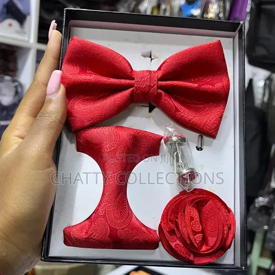 4 in 1 Red Executive Bow Tie Set With Tie, Lapel and Cufflinks