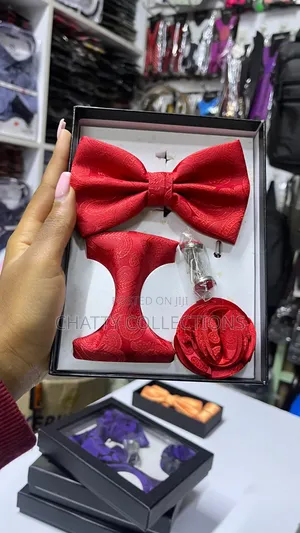 4 in 1 Red Executive Bow Tie Set With Tie, Lapel and Cufflinks