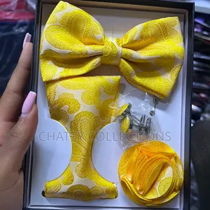 4 in 1 Yellow Executive Bow Tie Set With Tie, Lapel and Cufflinks