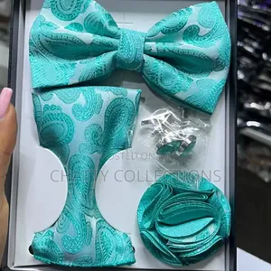4 in 1 Torquise Blue Executive Bow Tie Set With Tie, Lapel Cufflinks