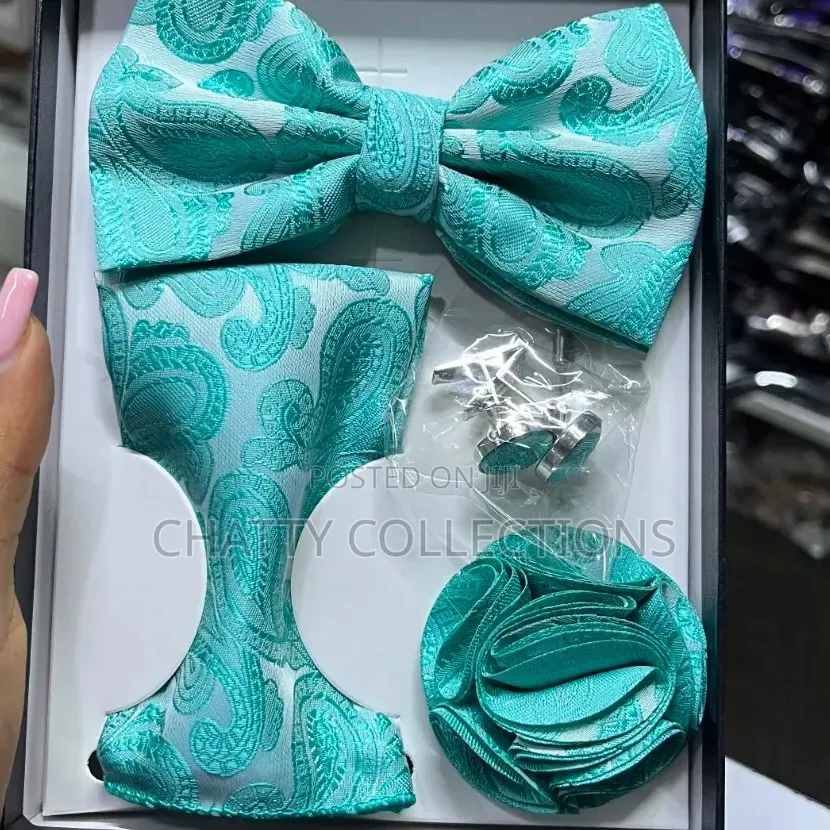 4 in 1 Torquise Blue Executive Bow Tie Set With Tie, Lapel Cufflinks