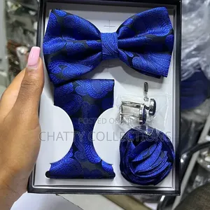 4 in 1 Royal Blue Executive Bow Tie Set With Tie, Lapel and Cufflinks