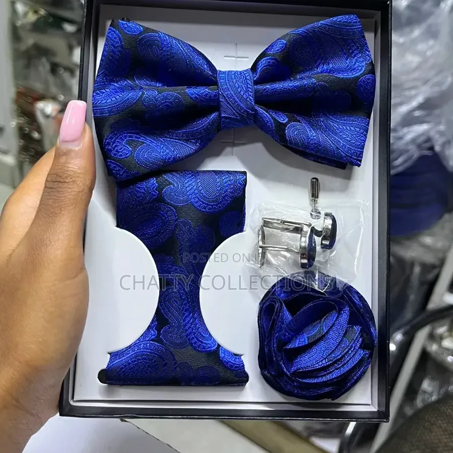 4 in 1 Royal Blue Executive Bow Tie Set With Tie, Lapel and Cufflinks