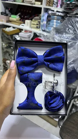 4 in 1 Royal Blue Executive Bow Tie Set With Tie, Lapel and Cufflinks