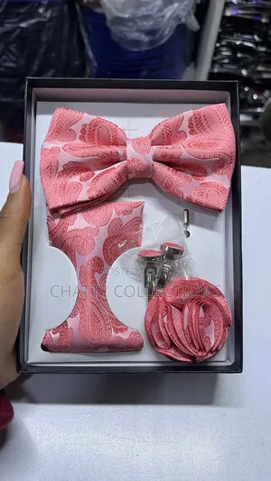 4 in 1 Pink Executive Bow Tie Set With Tie, Lapel and Cufflinks