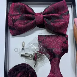 4 in 1 Burgundy Executive Bow Tie Set With Tie, Lapel and Cufflinks